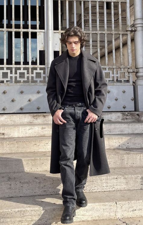 black outfit, black jeans, black shoes, black coat, black shirt, men’s fashion, outfit ideas, outfit inspo Open Shirt Outfit, Outfit Black Jeans, Black Shirt Men, Black Coat Outfit, Canada Style, Dress Better, Fashion Outfit Ideas, Open Shirt, Outfit Black