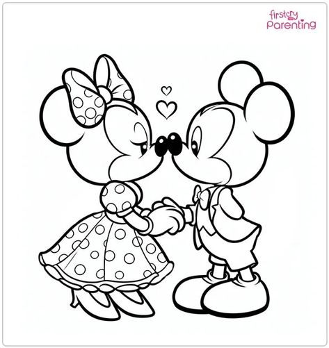 Mickey and Minnie Kissing Coloring Page Mickey And Friends Coloring Pages, Mickey And Minnie Coloring Pages, Mouse Coloring Pages, Minnie Mouse Valentines, Minnie Mouse Coloring Pages, Disney Duos, Mickey And Minnie Kissing, Mouse Images, Cute Small Drawings