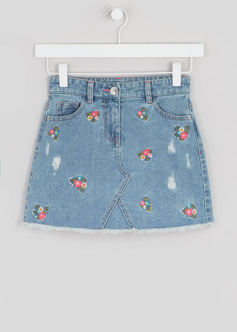 Girls Floral Embroidered Denim Skirt (4-13yrs) – Blue Embroidered Denim Skirt, Skirt Diy, Embroidered Denim Shorts, Girls Clothing Online, Jean Skirts, Shorts Skirt, Diy Skirt, Diy Simple, Weekend Wardrobe