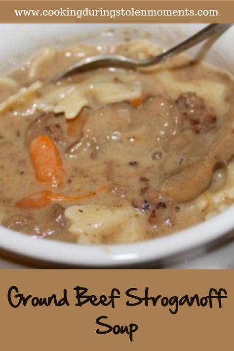 Ground Beef Stroganoff Soup combines all of the stroganoff flavors you love into a thick and hearty soup the whole family will enjoy. #souprecipe #groundbeefrecipe #fullofflavor #tasty #simple #easy #healthy #familyfriendlyfoodblog #cookingduringstolenmomentsrecipe Beef Stroganoff Soup Recipe, Beef Stroganoff Soup, Stroganoff Soup, Hamburger Stroganoff, Hamburger Stew, Beef Stroganoff Easy, Ground Beef Stroganoff, Stolen Moments, Ground Beef And Potatoes