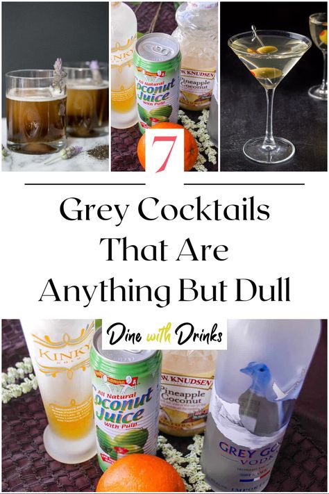 Collage of 4 grey cocktails. Silver Drinks Cocktails, Grey Cocktails, Drink Names, Silver Cocktail, Bachelorette Parties, Pineapple Juice, Party Drinks, Cocktail Recipe, Mixology