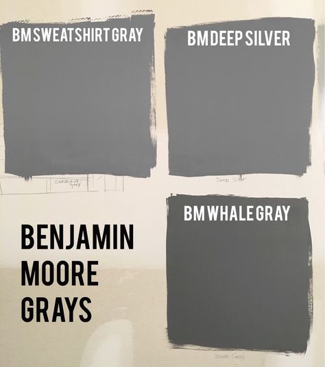 Benjamin Moore Deep Gray Paint Swatches. BM Sweatshirt Gray (2126-40). BM Deep Silver (2124-30). BM Whale Gray (2134-40). Bm Whale Gray, Whale Gray Benjamin Moore, Gray Paint Swatches, Deep Gray Paint, Sweatshirt Jackets Diy, Grey Bathroom Paint, Downstairs Office, Sweatshirt Dress Outfit, Washington House