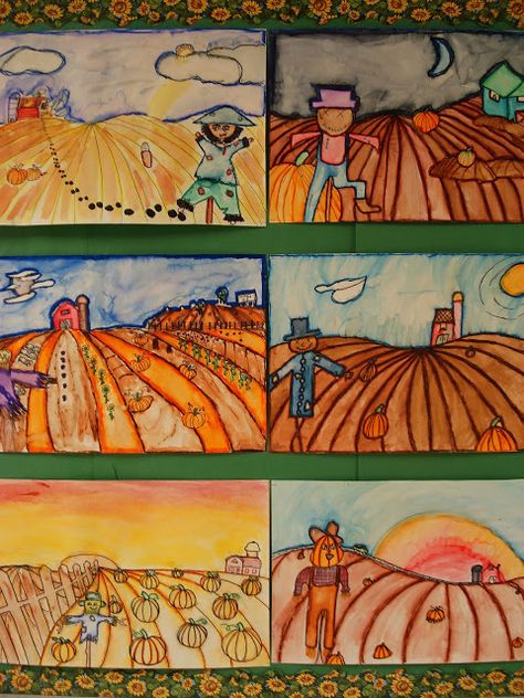 a faithful attempt: One Point Perspective Pumpkin Patch Landscape 6TH GRADE ONE POINT PERSPECTIVE Classe D'art, October Art, 2nd Grade Art, Fall Art Projects, One Point Perspective, 6th Grade Art, 4th Grade Art, 5th Grade Art, 3rd Grade Art