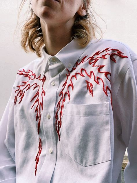 #upcycled #embroidery #tessaperlow Embroidery Designs Clothes, Embroidery Upcycle, Flame Shirt, Basic Hand Embroidery Stitches, Paper Clothes, Upcycle Shirt, Color Combinations For Clothes, Wedding Jacket, Hand Embroidery Projects