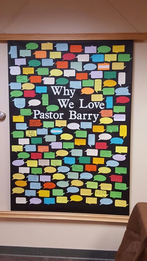 Decorating Pastors Office, Pastor Celebration Ideas, Pastor Appreciation Bulletin Boards, Pastor Appreciation Month Ideas, Pastors Appreciation Ideas Decoration, Pastors Day Decorations, Pastor Appreciation Bulletin Board Ideas, Pastor Appreciation Crafts For Kids, Pastors Appreciation Ideas