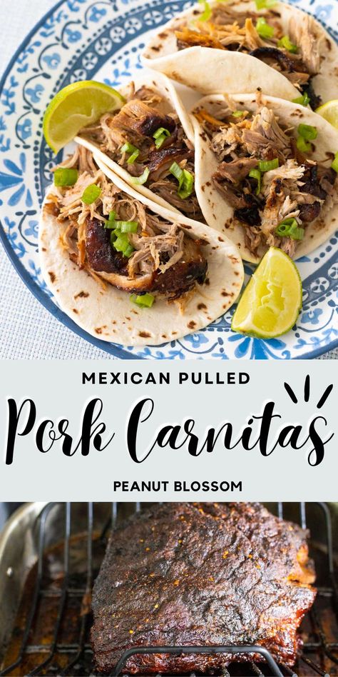 This easy Mexican pulled pork recipe takes just 10 minutes of prep and then slow roasts in the oven all day for an amazing spicy crust that hides tender and juicy shredded meat underneath. Use for Mexican carnitas street tacos, rice bowls, nachos, or more. Leftovers freeze perfectly! Street Tacos Pork, Carnitas Street Tacos, Mexican Pulled Pork Recipe, Mexican Pulled Pork Tacos, Mexican Carnitas, Oven Roasted Pulled Pork, Guy Food, Shredded Pork Tacos, Pulled Pork Carnitas