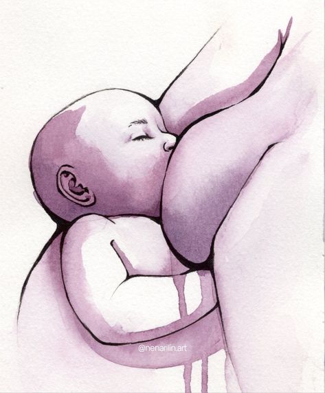 Ink drawing of a baby breastfeeding painted in cool purple washes of watercolor with drips. Breastfeeding Painting Art, Mother And Baby Drawing, Breastfeeding Painting, Breastfeeding Drawing, Birth Illustration, Mother Feeding Baby, Breastfeeding Tattoo, Mother's Milk, Breastfeeding Art