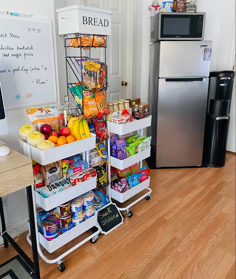 Snack And Coffee Station, After School Snack Cart, Dorm Snack Organization, Break Room Snack Station, Snack Cart Aesthetic, Snack Area Office, Bedroom Snack Bar, Salon Snack Bar Ideas, Snack Cart Ideas For Work