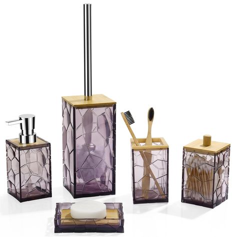 PRICES MAY VARY. Nullify Boho bathroom Decor: This lavender bathroom accessory set combines acrylic with bamboo, creating a stunning aesthetic. The pattern of the set resembles a stone pathway, making it a perfect match for boho and neutral bathroom decor styles. Whether in an apartment, restroom, office, or home, this set adds an elegant touch to any space. It is versatile, suitable for both guest bathrooms and master bathrooms. High-Quality Acrylic Material: This bath accessories set for the b Lavender Bathroom Accessories, Apartment Restroom, Bamboo Bathroom Decor, Purple Bathroom Accessories, Bamboo Bathroom Accessories, Lavender Bathroom, Purple Bathroom Decor, Lavender House, Neutral Bathroom Decor