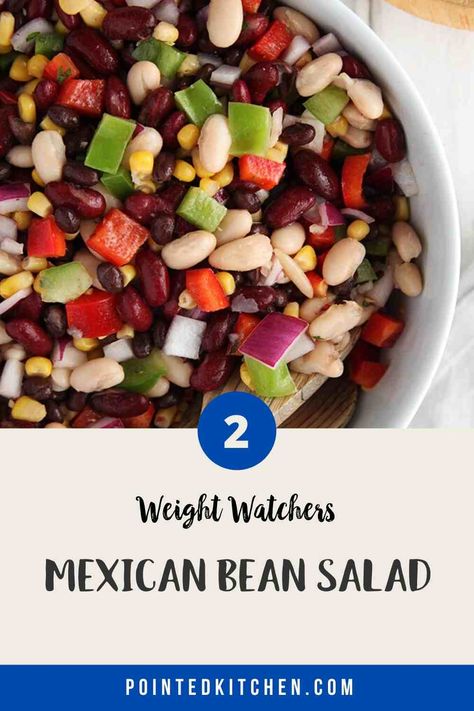 This tasty Mexican Bean Salad is just 2 Smart Points per serving on Weight Watchers Freestyle, myWW Blue & myWW Purple plans. It is 5 points on myWW Green plan. Filling, healthy and tasty, this salad makes a great accompaniment for any Weight Watchers meal. #weightwatchersrecipeswithpoints #mywwgreenrecipes #mywwbluerecipes #mywwpurplerecipes #smartpoints Weight Watcher Bean Salad, Bariatric Bean Recipes, Weight Watcher Salad Recipes, Weight Watchers Bean Recipes, Low Calorie Bean Salad, Ww Bean Salad, Weight Watchers Recipes For Diabetics Recipes, Weight Watcher Salads, 3 Bean Salad Recipe Healthy