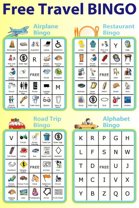 Travel BINGO is a great way to keep kids entertained on road trips, on an airplane, at a restauarant, or anywhere you go. Try it with a kid-sized clipboard to make it super portable. Airplane Bingo Free Printable, Travel Bingo Printable For Kids, Travel Activities For Kids Airplane, Airplane Restaurant, Kids Travel Games, Road Trip Printables, Travel Bingo, Road Trip Bingo, Trip Activities