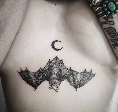 Red Bat Tattoo, Bat Underboob Tattoo, Bat Tatoos, Bat Sternum Tattoo, Underbust Tattoo, Bats Tattoo Design, Tattoo Skull, Underboob Tattoo, Bat Tattoo