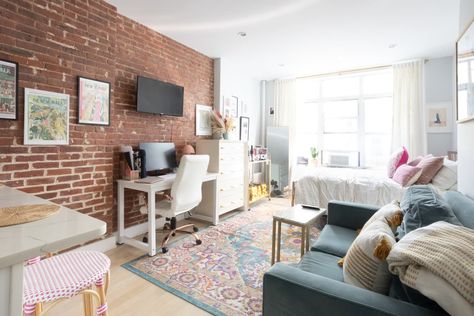 250 Square Foot Upper East Side Studio Apartment | Apartment Therapy Fire Escape Shelf, Teen Curtains, Target Table, Ikea Finds, Rental Apartment, Faux Fireplace, Living Room Pillows, Studio City, Studio Apartment