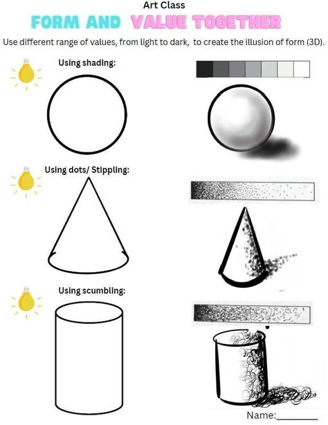 What to do: After previous lessons of the elements of art form and value, now we are going to use value to create the illusion of form using shading, stippling, and scumbling. Shape And Form Art Projects, Form Art Projects, Scumbling Art, Elements Of Art Form, Elements Of Art Value, Element Of Art Value, Elements Of Art Shape, Value Shading, Value Drawing