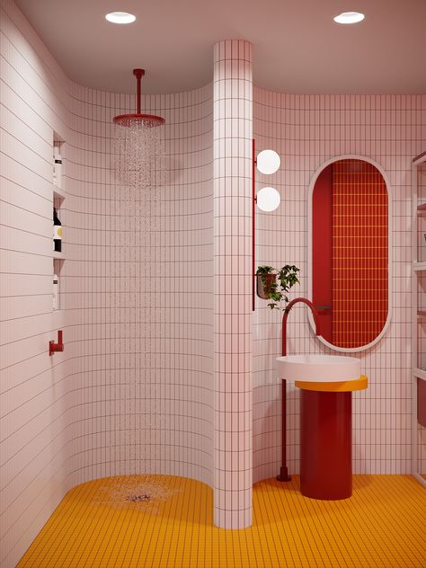 Pushing Limits With Powerful Red and Yellow Accent Decor Red Bathroom Accessories, Orange Bathrooms, Retro Bathrooms, Bathroom Red, Yellow Bathrooms, January 3, Maximalism, Bathroom Colors, Red And Yellow