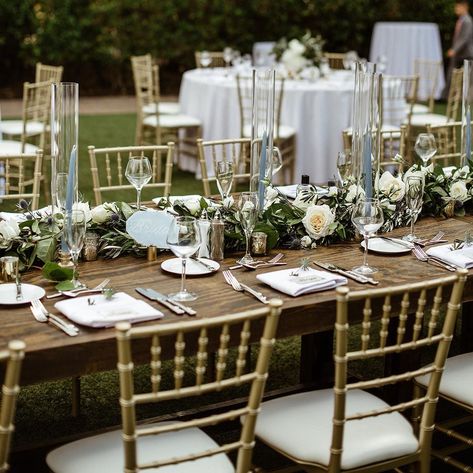 White Chavarri Chairs Wedding, Gold Chivari Chairs Wedding Ceremony, Wedding Table And Chair Ideas, Chivalry Chairs Wedding, Gold Chiavari Chairs Wedding, Gold Wedding Chairs, Chiavari Chairs Wedding, Gold Chivari Chairs, Outdoor Wedding Tables