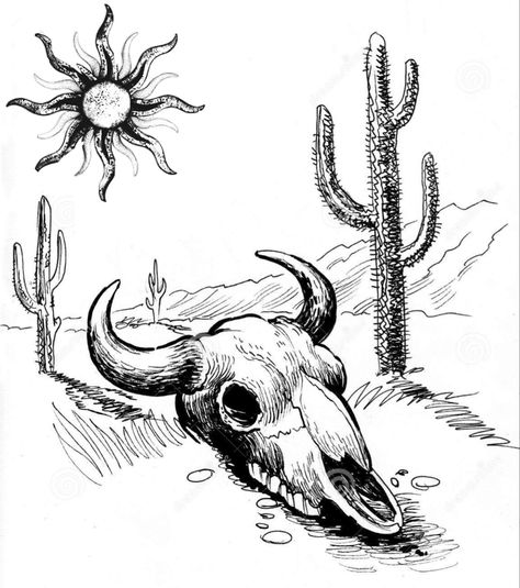 Chest Tattoo Lettering, Animal Skull Drawing, Desert Drawing, Desert Illustration, Mexican Desert, Bison Skull, Bull Painting, Bull Tattoos, Western Artwork