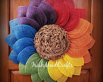 Wreaths decor and more by IrishMaidCrafts on Etsy Spring Rainbow, Fall Floral Decor, Burlap Flower Wreaths, Rainbow Wreath, Floral Door Wreaths, Rainbow Garland, Rainbow Decor, Summer Front Door Wreath, Home Yard