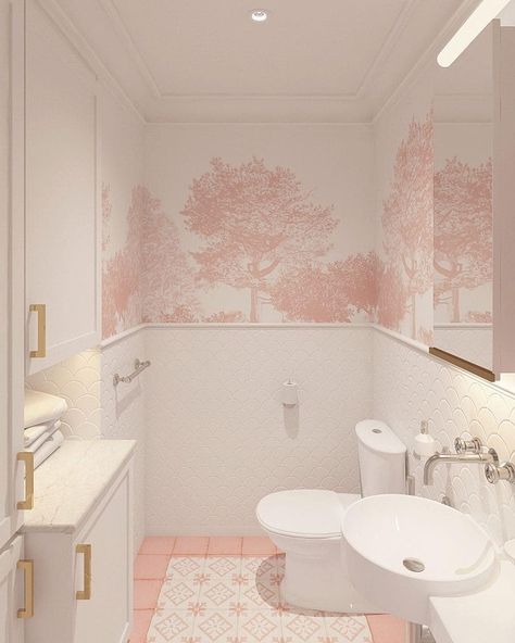 Dreamy designs for any space. ☁️⠀ .⠀ Even for functional rooms like bathrooms, our magical wallpaper has its place. Instead of tiling your bathroom wall (which, let's face it, takes time!), the simple addition of a beautiful hand painted paper could be the touch of colour and enchantment your space needs.⠀ .⠀ We particularly love this set up from @warm_minimalism, where our ever-popular Hua Trees Mural in Pink has been used to create a really peaceful and serene washroom in her gorgeous home. Th Trees Mural, Timorous Beasties Wallpaper, Magical Wallpaper, Wallpaper Hanging, Tree Wallpaper Mural, Wallpaper In Blue, Woodland Wallpaper, Trees Wallpaper, Dinosaur Wallpaper