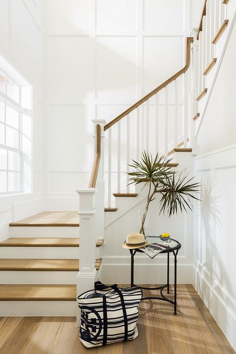 Snowfall White by Benjamin Moore Grid Board and Batten Paint color Snowfall White by Benjamin Moore Grid Board and Batten Traditional Coastal Living Room, Cottage Foyer, White Staircase, House Staircase, Staircase Remodel, Coastal Interiors Design, Graphisches Design, Casa Country, Stair Case