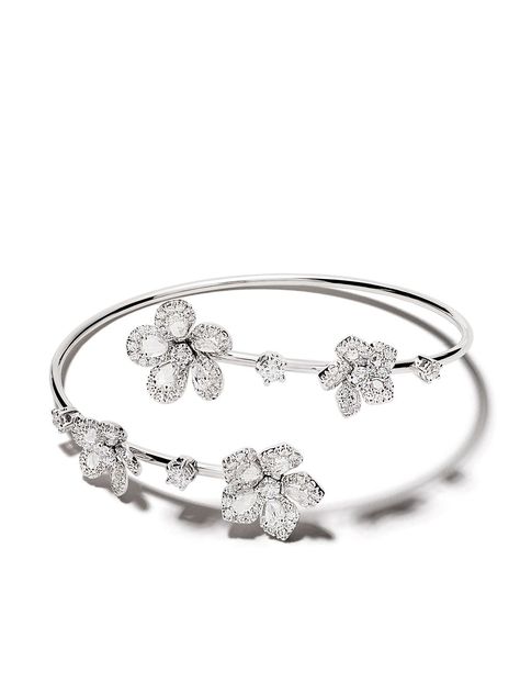 18kt white gold 18kt white gold Miss Daisy Open Twist diamond bangle from David Morris featuring polished finish, floral motif, rose cut diamonds, pavé-set diamonds, wraparound style and slip-on style. David Morris, Diamond Necklace Designs, Bangle Silver, Diamond Bangle, Girly Jewelry, Rose Earrings, Jewelry Inspo, Diamond Bracelets, Gold Bangles