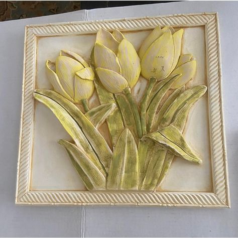 Mid Century Bas Relief Plaster Floral Wall Plaque Painting On plaster A Pair Plaster relief in Bright Yellow Floral Flowers Beautiful Tulips  Beautiful and Bright on the Wall  The relief is higher than frame  Own a piece of art  Hang in any room or outdoors Follow US ! Low Relief Ceramics, High Relief Ceramics, Bas Relief Tile, 3d Relief Art Design, Clay Tile Ideas, Relief Sculpture Ideas, Clay Relief Tiles, Ceramic Relief Tiles, Plaster Projects