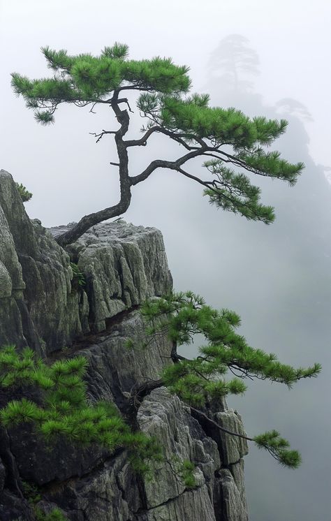 A lone pine tree defies the odds, spiraling upwards from a craggy cliff with a burst of green vitality against a soft, misty backdrop. Embrace nature's resilience. Save, post, and follow for more wonders. #NatureBeauty #PineTree #Resilience #Follow #Save #AiImage Shore Pine Tree, Tree Reference Photography, Cliff Forest, Japanese Pine Tree, Chinese Nature, Trees Photos, The Rock Photos, Spirals In Nature, Tree Mountain