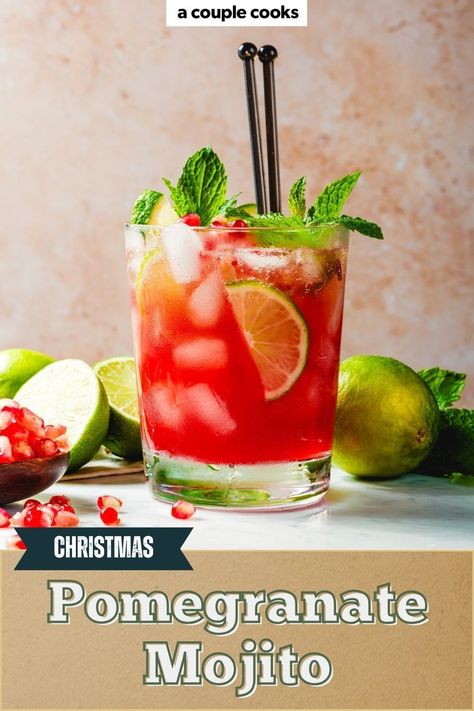 This Christmas Pomegranate Mojito is a festive twist on the classic mojito, made with pomegranate juice and fresh mint. Perfect for parties and special occasions like Thanksgiving or Christmas. This pitcher drink is as beautiful as it is delicious. Pop over to our site for this rum cocktail recipe! Pomegranate Mojito Recipe, Christmas Pomegranate, Christmas Mojito, Pomegranate Mojito, Spiced Cocktail, Classic Mojito, Best Fish Recipes, Vegetarian Thanksgiving Recipes, Winter Salad Recipes