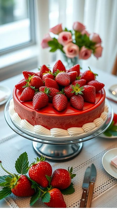 Strawberry-topped cake with whipped cream on a glass stand, surrounded by fresh strawberries and pink roses. Strawberry Theme Centerpieces, Strawberry Centerpieces, Strawberry Centerpiece Ideas, Strawberry Centerpiece, Simple Arrangements, Strawberry Theme, Summer Brunch, Centerpiece Ideas, Cake Stands