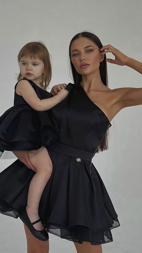 Mommy And Me Photo Shoot Classy, Satin Dress One Shoulder, Mommy And Me Dress, Girls Evening Dresses, Daughter Black, Mommy Daughter Photos, Mother Baby Photography, Mommy And Me Photo Shoot, Halloween Moms