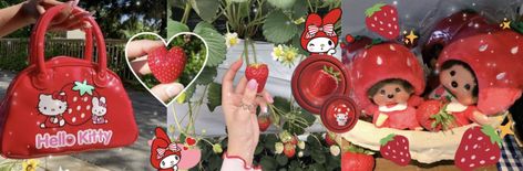 (Made by me ^~^) #red #sanrio #strawberry #header Red Pfp Strawberry, Strawberry Twt Header, Sanrio Christmas Header, Strawberry Cover Photo, Bright Red Header, Strawberry Discord Banner, Red Layout Twitter, Strawberry Twitter Header, Strawberry Layout