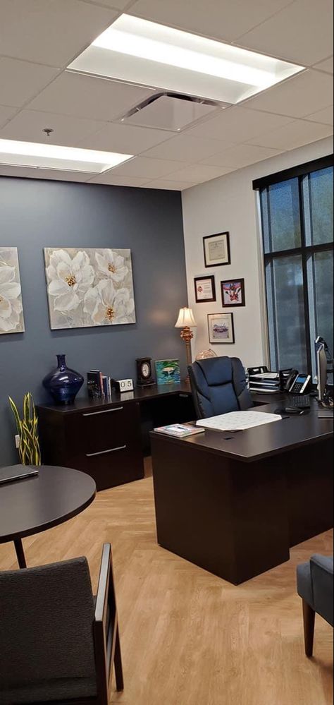 Grey Office Decor Ideas, Male Work Office Decor, Principle Office Design, Office For Men Decor, Blue And Brown Office Decor, Office Suite Decor, Corporate Office Design Workspaces Desks, Office File Cabinet Design, Office Design Ideas Business Corporate