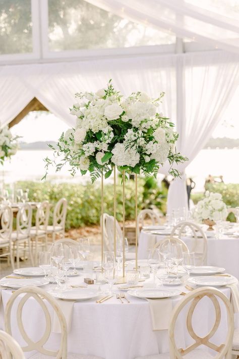 https://freshweddingsandevents.com/ Instagram: @FreshWeddings_CHS White Wedding Flowers Centerpieces, Green Wedding Centerpieces, Green Centerpieces, Greenery Centerpiece, Tall Wedding Centerpieces, White Centerpiece, Wedding Floral Centerpieces, Tall Centerpieces, White Wedding Flowers