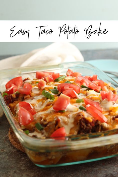 When you need a quick and easy weeknight dinner that will fill you up without flattening your wallet, try this taco potato bake! #easyrecipe #dinnerideas #comfortfood Taco Potatoes Bake, Taco Potato Bake, Taco Potato Casserole, Taco Casserole With Tortillas, Chicken Broccoli Stir Fry, Baked Tacos Recipe, Chicken Blt, Hamburger Dishes, Potato Bake