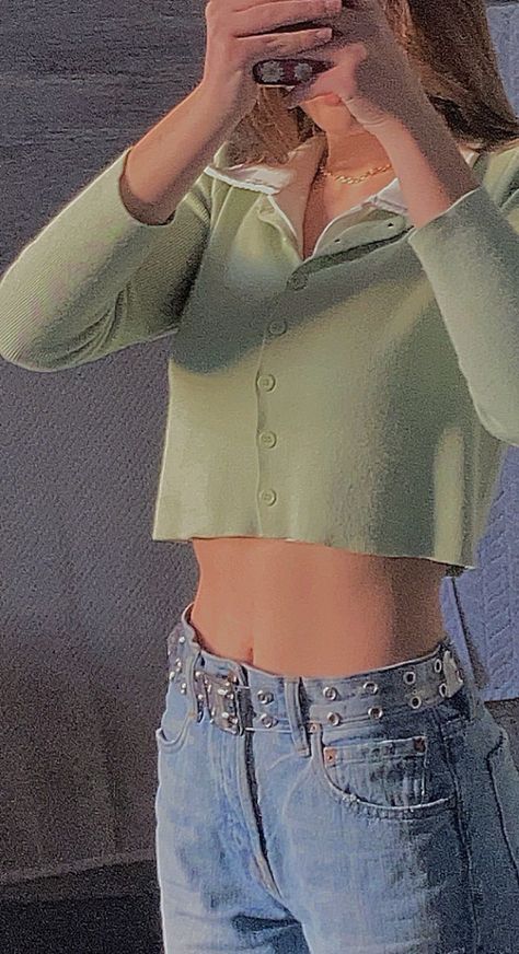 Sage Green Crop Top Outfit, Sage Green Crop Top, Green Crop Top Outfit, Green Top Outfit, Green Crop Top, Green Cherries, Crop Top With Jeans, Aesthetic Look, Crop Top Outfits