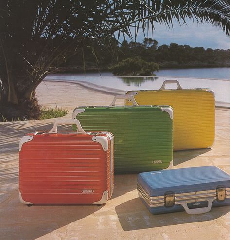 Released in 1990 in shades of yellow, green, blue and red, this archival RIMOWA HOLIDAY collection was inspired by the bold and bright colours of Brazil.

#RIMOWA #RIMOWAarchive Vintage Trunks, Vintage Hotels, Vintage Suitcase, Travel Brand, Article Design, Travel Items, Model Airplanes, History Design, Graphic Design Posters