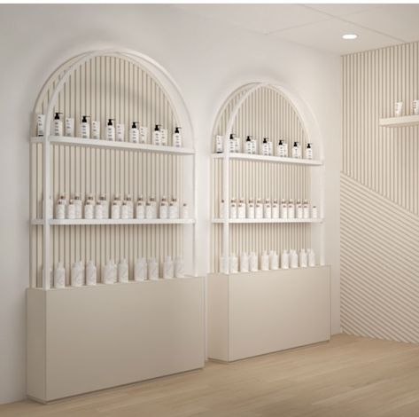 Retail Skincare Display, Beauty Salon Retail Display Ideas, Slatwall Ideas Retail, Small Retail Store Design Boutiques, Arch Shelving, Retail Shelving Display, Small Retail Store Design, Arch Shelves, Salon Retail Display