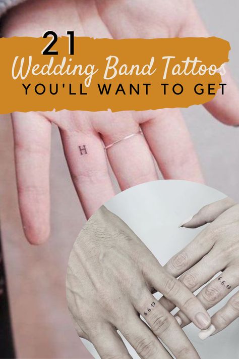 Marriage Finger Tattoo Ideas, Cute Wedding Ring Tattoos, Wedding Band Tattoos For Couples, Finger Tattoos For Women Wedding, Tattoo Ideas Wedding Ring, Wedding Date Ring Finger Tattoos, Dainty Wedding Ring Tattoos For Women, Man Tattoo Wedding Band, Tiny Marriage Tattoos