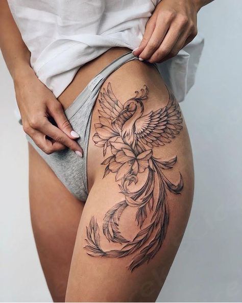 Phoenix Tattoo Women, Women Tattoo Ideas, Phoenix Tattoo Feminine, Hip Thigh Tattoos, Belly Tattoos, Phoenix Tattoo Design, Hip Tattoos Women, Leg Tattoos Women, Pretty Tattoos For Women