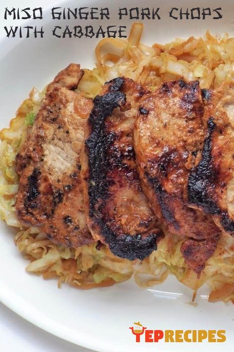 Japanese Style pan seared pork chops with garlic and sesame sauteed cabbage. #yeprecipes #porkchops #pork #miso #Japanese Cabbage Japanese, Ginger Pork Chops, Oven Roasted Pork Chops, Miso Ginger Dressing, Roast Pork Chops, Pork Chop Marinade, Pan Seared Pork Chops, Miso Recipe, Seared Pork Chops