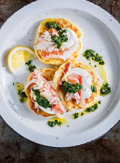 Parsnip Pancakes with Crab and Salsa Verde | RICARDO Pancake Toppings, How To Cook Lobster, Grated Potato, Savory Pancakes, Pork Loin Roast, Recipes Appetizers And Snacks, Salsa Verde, Parsnips, Food Staples