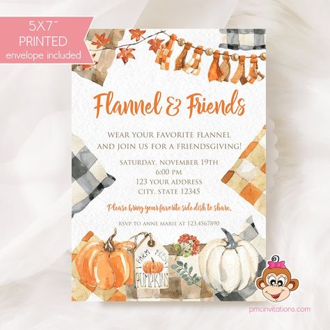 PRINTED Flannel and Friends Invitation, Thanksgiving, Friendsgiving Invitations, Friendsgiving, Thanksgiving Feast Invitations, With Env. - Etsy Relief Society Friendsgiving, Church Game Night, Friendsgiving Food Ideas, Friendsgiving Menu, Potluck Invitation, Friendsgiving Dinner Party, Friendsgiving Invite, Friendsgiving Party, Friendsgiving Dinner