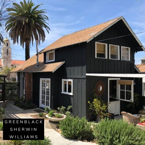 Black Exteriors- 12 Favorite Black Paints and Ours! - Nesting With Grace Sw Greenblack, Greenblack Sw, Sherwin Williams Sea Salt, Industrial Bohemian, Marble Quarry, Sherwin Williams Alabaster, Lakehouse Ideas, Black Houses, Black Paint Color