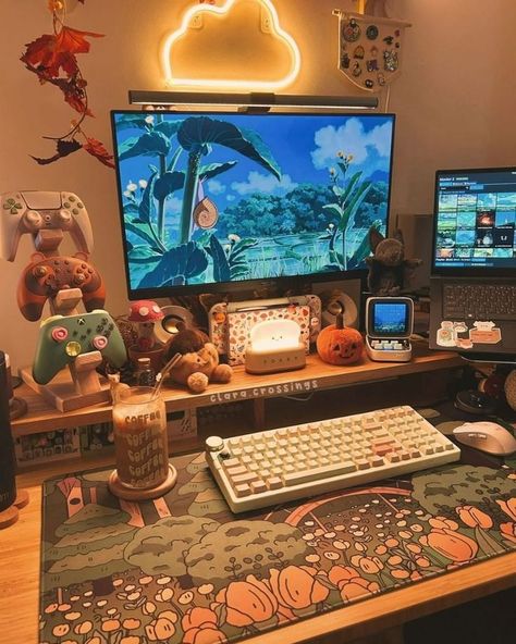 Gaming Desk Setups, Desk Ideas College, Dorm Room Ideas Desk, Monitor Setup Aesthetic, Room Ideas With Desk, Men Dorm Room Ideas, Aesthetic Computer Setup, Men Dorm Room, College Dorm Desk Ideas