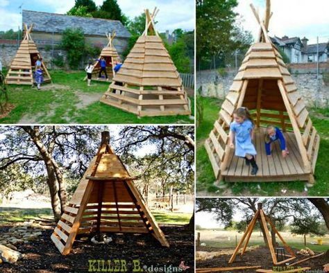 How to DIY Pallet Teepee Tutorial #diy, #pallet. #playhouse Pallet Playhouse, Diy Playhouse, Backyard Playhouse, Build A Playhouse, The Whoot, Outdoor Play Area, Kids Outdoor Play, Playhouse Outdoor, Wooden Playhouse