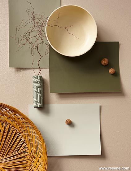 Wabi-sabi style - green on green | Colour inspiration Wabi Sabi Color Palette, Wabi Sabi Decor Japanese Style, Wabi Sabi Color, Wabi Sabi Furniture, Resene Colours, Green On Green, Balinese Decor, Wabi Sabi Interior, Wabi Sabi Aesthetic