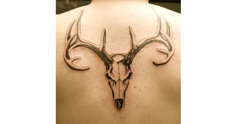 Deer Skull Tattoo on Man's Back Country Boy Tattoos, Deer Skull Tattoo, Buck Tattoo, Antler Tattoos, Deer Skull Tattoos, Tattoo Son, Hunting Tattoos, Country Tattoos, Girl Back Tattoos