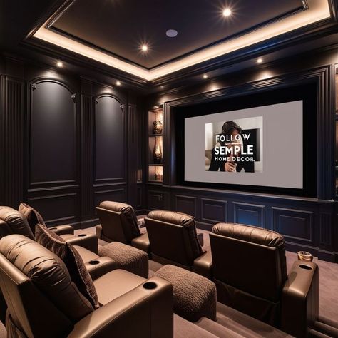 Movie Theater Seating Ideas, Theatre Rooms Home, Elegant Home Theater, Classy Movie Theater Room, Movie Room Cabinets, Dark Blue Theater Room, Blue Cinema Room, Media Room Lighting Ideas, Dark Home Theatre Room