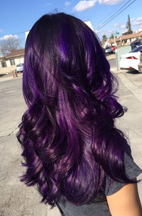 Violet And Magenta Hair, Purple Hair With Dimension, Dark Purple Baylage Hair, Purple Hair With Purple Highlights, Long Violet Hair, Long Black And Purple Hair, Black And Purple Halo Hair, Deep Purple Hair On Black Women, Intense Violet Hair Color