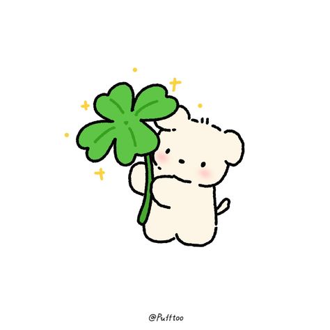 Good Luck Cute Cartoon, Clover Doodle, Good Luck Drawing, Lucky Illustration, Plants Cartoon, 심플한 그림, Mini Doodle, Puppy Drawing, 강아지 그림